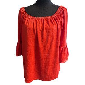 Max Studio Red Peasant Boho Top With Bell Sleeves & Embroidered Trim Womens L